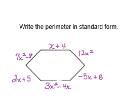 Write the perimeter in standard form.
7x²-8
dx+5
X+4
3x² - 4x
12x2
-5x+8