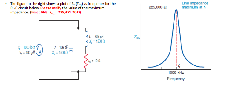 The figure to the right shows a plot of Z₁ (ZEQ) vs frequency for the
RL-C circuit below. Please verify the value of the maximum
impedance. (Exact ANS: ZEQ=225,471.700)
f,= 1000 kHz
V₁ = 300 μV
C= 106 pF.
Xc= 150001
L = 239 μH
X₁ = 15000
s = 100
ZEO
225,000
Line impedance
maximum at f
1000 kHz
Frequency