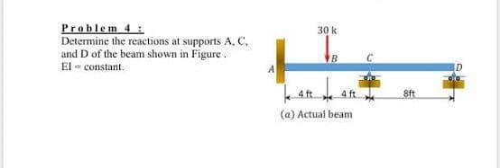 Problem 4 :
Determine the reactions at supports A, C,
and D of the beam shown in Figure.
El - constant.
30 k
B
A
8ft
(a) Actual beam

