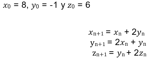 =
=
xo 8, yo -1 y zo = 6
Xn+1 = xn +2yn
Yn+1 = 2xn + yn
Zn+1 = yn+2Zn