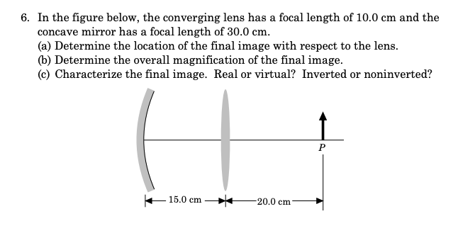 6. In the figure below, the converging lens has a focal length of 10.0 cm and the
concave mirror has a focal length of 30.0 cm.
(a) Determine the location of the final image with respect to the lens.
(b) Determine the overall magnification of the final image.
(c) Characterize the final image. Real or virtual? Inverted or noninverted?
+15.0 cm
20.0 cm
