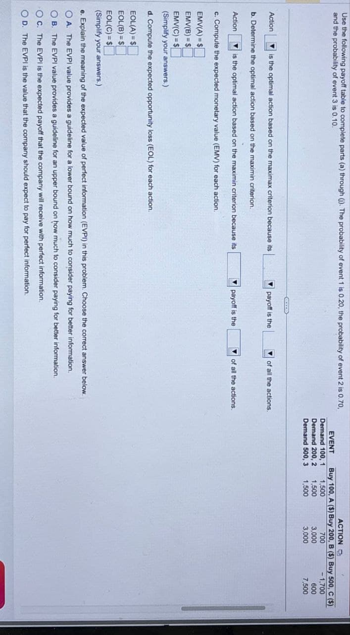 Use the following payoff table to complete parts (a) through (j). The probability of event 1 is 0.20, the probability of event 2 is 0.70,
and the probability of event 3 is 0.10.
Action
is the optimal action based on the maximax criterion because its
b. Determine the optimal action based on the maximin criterion.
payoff is the
of all the actions.
Action
is the optimal action based on the maximin criterion because its
payoff is the
of all the actions.
c. Compute the expected monetary value (EMV) for each action.
EMV(A)=$
EMV(B)=$
EMV(C)=$
(Simplify your answers.)
d. Compute the expected opportunity loss (EOL) for each action.
EOL(A)=$
EOL(B)=$
EOL(C)=$
(Simplify your answers.)
e. Explain the meaning of the expected value of perfect information (EVPI) in this problem. Choose the correct answer below.
OA. The EVPI value provides a guideline for a lower bound on how much to consider paying for better information.
OB. The EVPI value provides a guideline for an upper bound on how much to consider paying for better information.
OC. The EVPI is the expected payoff that the company will receive with perfect information.
OD. The EVPI is the value that the company should expect to pay for perfect information.
ACTION
EVENT
Buy 100, A ($) Buy 200, B ($) Buy 500, C ($)
Demand 100, 1
1,500
700
-1,700
Demand 200, 2
1,500
3,000
600
Demand 500, 3
1,500
3,000
7,500