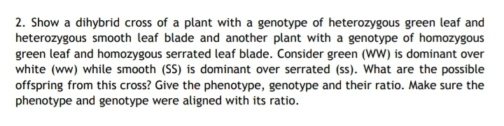 2. Show a dihybrid cross of a plant with a genotype of heterozygous green leaf and
heterozygous smooth leaf blade and another plant with a genotype of homozygous
green leaf and homozygous serrated leaf blade. Consider green (WW) is dominant over
white (ww) while smooth (SS) is dominant over serrated (ss). What are the possible
offspring from this cross? Give the phenotype, genotype and their ratio. Make sure the
phenotype and genotype were aligned with its ratio.
