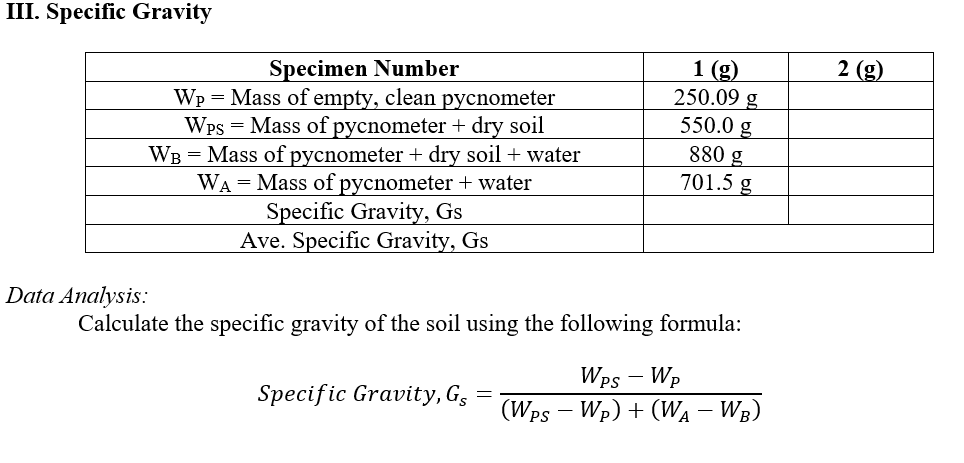 III. Specific Gravity
Specimen Number
Wp = Mass of empty, clean pycnometer
Wps Mass of pycnometer + dry soil
WB = Mass of pycnometer + dry soil + water
WA = Mass of pycnometer + water
Specific Gravity, Gs
Ave. Specific Gravity, Gs
Data Analysis:
1 (g)
250.09 g
550.0 g
Specific Gravity, Gs =
880 g
701.5 g
Calculate the specific gravity of the soil using the following formula:
WPS - Wp
(WPS - Wp) + (WA - WB)
2 (g)