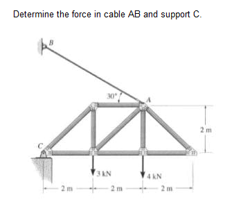 Determine the force in cable AB and support C.
30
2 m
3 kN
4 kN
2 m
2 m
2 m
