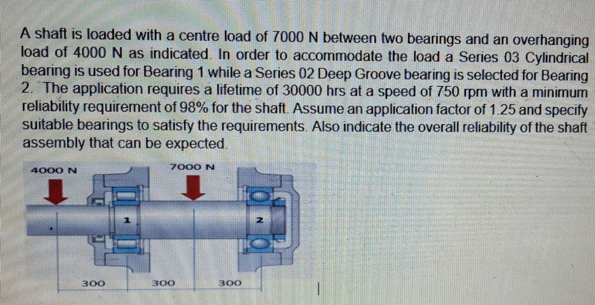 A shaft is loaded with a centre load of 7000N between two bearings and an overhanging
load of 4000N as indicated. In order to accommodate the load a Series 03 Cylindrical
bearing is used for Bearing 1 while a Series 02 Deep Groove bearing is selected for Bearing
2. The application requires a lifetime of 30000 hrs at a speed of 750 rpm with a minimum
reliability requirement of 98% for the shaft. Assume an application factor of 1.25 and specify
suitable bearings to satisfy the requirements. Also indicate the overall reliability of the shaft
assembly that can be expected.
7000 N
4000 N
300
300
