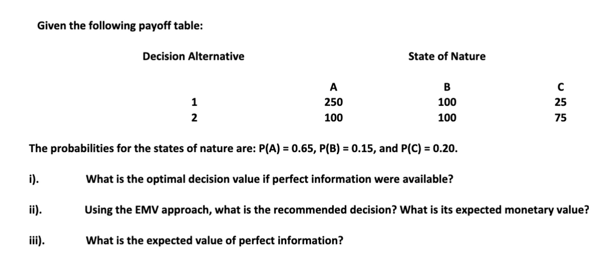 Given the following payoff table:
i).
ii).
Decision Alternative
iii).
1
2
A
250
100
The probabilities for the states of nature are: P(A) = 0.65, P(B) = 0.15, and P(C) = 0.20.
State of Nature
B
100
100
What is the optimal decision value if perfect information were available?
C
25
75
Using the EMV approach, what is the recommended decision? What is its expected monetary value?
What is the expected value of perfect information?