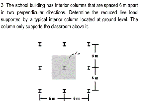 3. The school building has interior columns that are spaced 6 m apart
in two perpendicular directions. Determine the reduced live load
supported by a typical interior column located at ground level. The
column only supports the classroom above it.
I
I
I
H
Lom Io
6
6m
¹T
6m
It
H
"T
6m
I