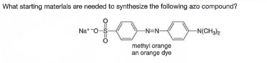 What starting materials are needed to synthesize the following azo compound?
to
Nat o
-N=N-
-N(CH3)2
methyl orange
an orange dye

