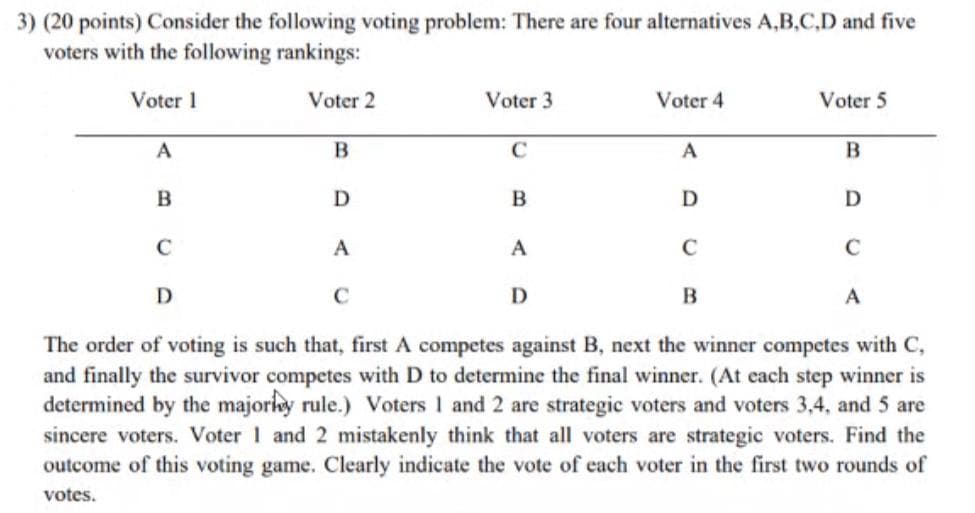 3) (20 points) Consider the following voting problem: There are four alternatives A,B,C,D and five
voters with the following rankings:
Voter 1
Voter 2
Voter 3
Voter 4
Voter 5
A
B
C
A
B
B
D
B
D
D
C
A
A
C
C
D
C
D
B
A
The order of voting is such that, first A competes against B, next the winner competes with C,
and finally the survivor competes with D to determine the final winner. (At each step winner is
determined by the majorly rule.) Voters 1 and 2 are strategic voters and voters 3,4, and 5 are
sincere voters. Voter 1 and 2 mistakenly think that all voters are strategic voters. Find the
outcome of this voting game. Clearly indicate the vote of each voter in the first two rounds of
votes.