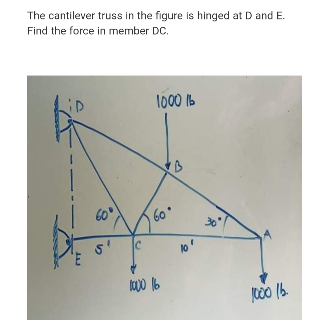 The cantilever truss in the figure is hinged at D and E.
Find the force in member DC.
1000 Ib
60"
60
30
C
lo'
la00 16
