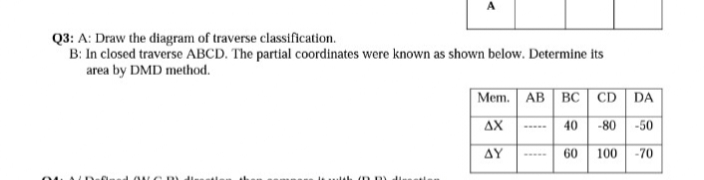 Q3: A: Draw the diagram of traverse classification.
B: In closed traverse ABCD. The partial coordinates were known as shown below. Determine its
area by DMD method.
04 N Dofland OWODY dienstl
it with (nm) dinostim
Mem. AB BC CD DA
ΔΧ
40
-80 -50
AY
60 100 -70