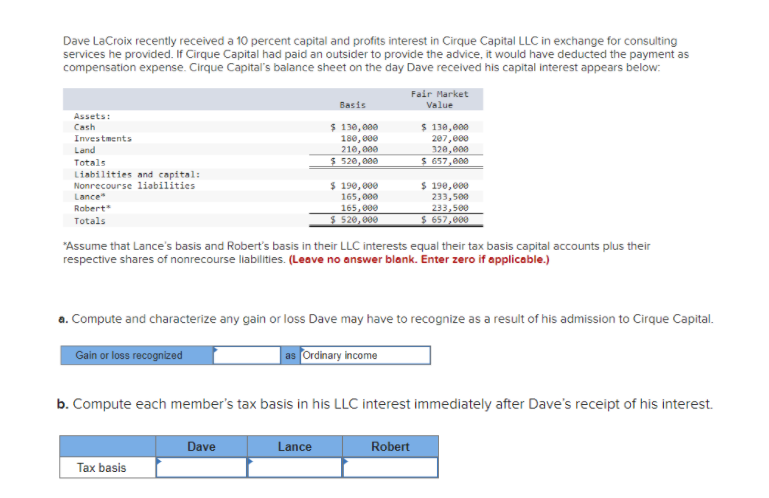 Dave LaCroix recently received a 10 percent capital and profits interest in Cirque Capital LLC in exchange for consulting
services he provided. If Cirque Capital had paid an outsider to provide the advice, it would have deducted the payment as
compensation expense. Cirque Capital's balance sheet on the day Dave received his capital interest appears below:
Assets:
Cash
Investments
Land
Totals
Liabilities and capital:
Nonrecourse liabilities
Lance"
Robert
Totals
Basis
$ 130,000
180,000
210,000
$ 520,000
Tax basis
$ 190,000
165,000
165,000
$ 520,000
Dave
Fair Market
Value
*Assume that Lance's basis and Robert's basis in their LLC interests equal their tax basis capital accounts plus their
respective shares of nonrecourse liabilities. (Leave no answer blank. Enter zero if applicable.)
Lance
a. Compute and characterize any gain or loss Dave may have to recognize as a result of his admission to Cirque Capital.
Gain or loss recognized
as Ordinary income
$ 130,000
207,000
320,000
$ 657,000
b. Compute each member's tax basis in his LLC interest immediately after Dave's receipt of his interest.
$ 190,000
233,500
233,500
$ 657,000
Robert