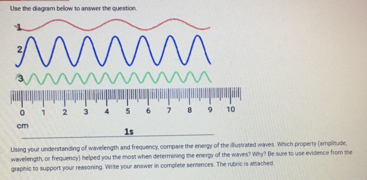 Use the diagram below to answer the question.
3mmmmm
wwwwww
0
cm
1
2
3 4
w
n
5 6 7 8
9 10
1s
Using your understanding of wavelength and frequency, compare the energy of the illustrated waves. Which property (amplitude,
wavelength, or frequency) helped you the most when determining the energy of the waves? Why? Be sure to use evidence from the
graphic to support your reasoning. Write your answer in complete sentences. The rubric is attached.