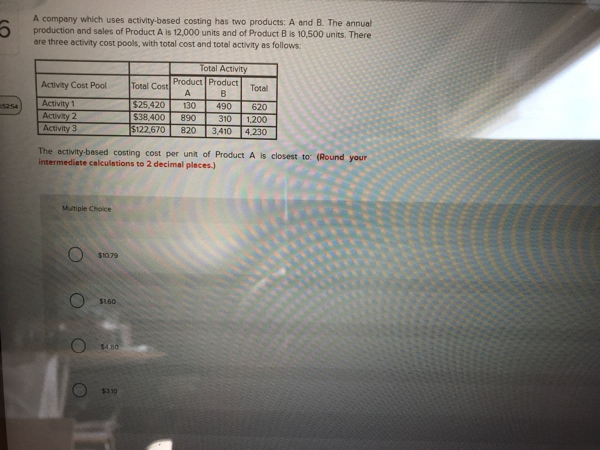 A company which uses activity-based costing has two products: A and B. The annual
production and sales of Product A is 12,000 units and of Product B is 10,500 units. There
are three activity cost pools, with total cost and total activity as follows:
Total Activity
Product Product
A
Activity Cost Pool
Total Cost
Total
Activity 1
Activity 2
Activity 3
52-54
$25,420
130
490
620
$38,400
$122,670
890
310
1,200
820
3,410
4,230
The activity-based costing cost per unit of Product A is closest to: (Round your
intermediate calculations to 2 decimal places.)
Multiple Choice
$10.79
$1.60
$4.80
$3.10
