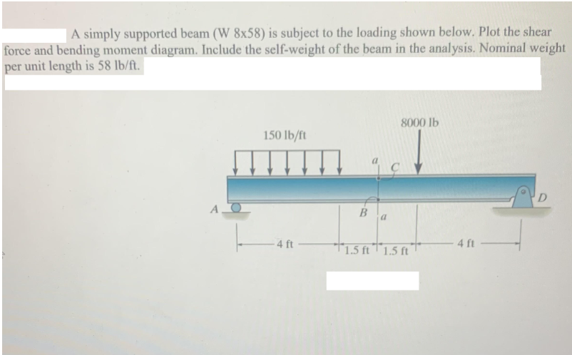 A simply supported beam (W 8x58) is subject to the loading shown below. Plot the shear
force and bending moment diagram. Include the self-weight of the beam in the analysis. Nominal weight
per unit length is 58 lb/ft.
150 lb/ft
4 ft
B
8000 lb
1.5 ft 1.5 ft
- 4 ft
D
