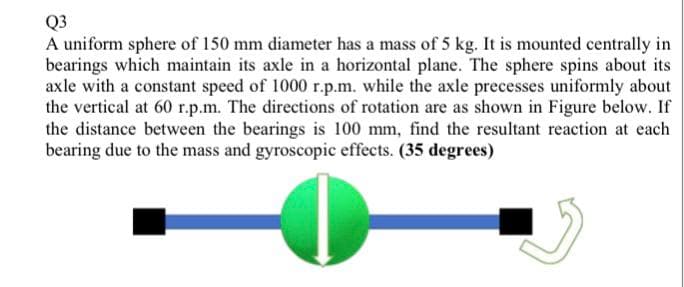 Q3
A uniform sphere of 150 mm diameter has a mass of 5 kg. It is mounted centrally in
bearings which maintain its axle in a horizontal plane. The sphere spins about its
axle with a constant speed of 1000 r.p.m. while the axle precesses uniformly about
the vertical at 60 r.p.m. The directions of rotation are as shown in Figure below. If
the distance between the bearings is 100 mm, find the resultant reaction at each
bearing due to the mass and gyroscopic effects. (35 degrees)
