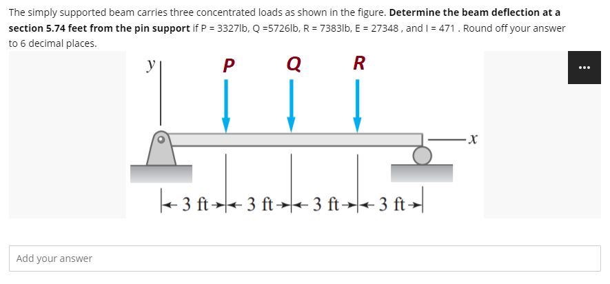 The simply supported beam carries three concentrated loads as shown in the figure. Determine the beam deflection at a
section 5.74 feet from the pin support if P = 3327lb, Q =5726lb, R = 7383|lb, E = 27348 , and I= 471. Round off your answer
to 6 decimal places.
y
P
Q
...
+ 3 ft+ 3 ft→ 3 ft→+ 3 ft→|
Add your answer

