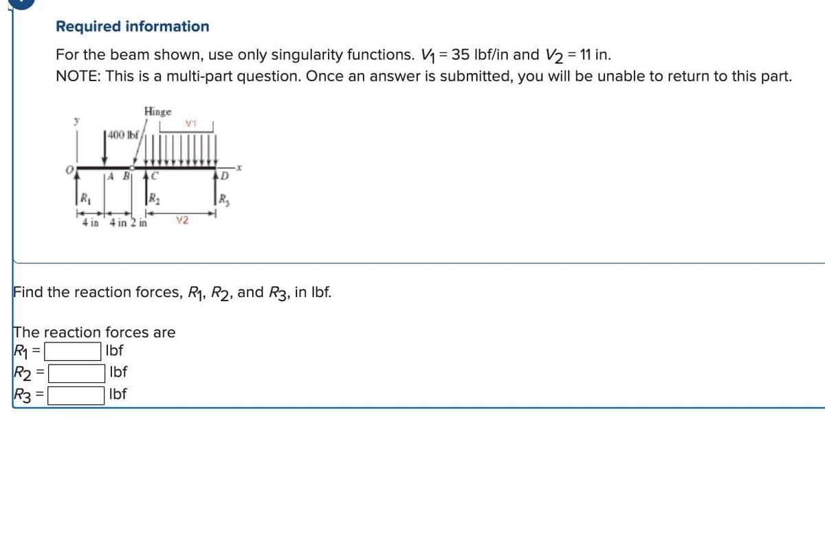 Required information
For the beam shown, use only singularity functions. V₁ = 35 lbf/in and V₂ = 11 in.
NOTE: This is a multi-part question. Once an answer is submitted, you will be unable to return to this part.
=
4 in
R2
R3
400 lbf
IA B
Hinge
AC
4 in 2 in
The reaction forces are
lbf
lbf
lbf
VI
Find the reaction forces, R₁, R2, and R3, in lbf.
V2
D
R₂