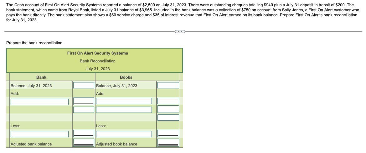 The Cash account of First On Alert Security Systems reported a balance of $2,500 on July 31, 2023. There were outstanding cheques totalling $940 plus a July 31 deposit in transit of $200. The
bank statement, which came from Royal Bank, listed a July 31 balance of $3,965. Included in the bank balance was a collection of $750 on account from Sally Jones, a First On Alert customer who
pays the bank directly. The bank statement also shows a $60 service charge and $35 of interest revenue that First On Alert earned on its bank balance. Prepare First On Alert's bank reconciliation
for July 31, 2023.
Prepare the bank reconciliation.
Bank
Balance, July 31, 2023
Add:
Less:
Adjusted bank balance
First On Alert Security Systems
Bank Reconciliation
July 31, 2023
Books
Balance, July 31, 2023
Add:
Less:
Adjusted book balance