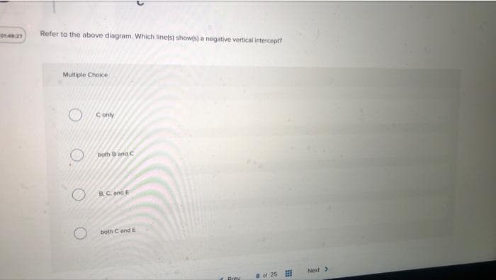 01:49:27
Refer to the above diagram. Which line(s) show(s) a negative vertical intercept?
Multiple Choice
Conly
both B and C
B, C, and E
both C and E
Brev
8 of 25
Next >