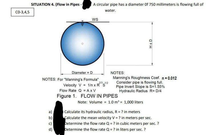CO-3,4,5
SITUATION 4. (Flow in Pipes -
a)
A circular pipe has a diameter of 750 millimeters is flowing full of
water.
Diameter = D
NOTES: For "Manning's Formula"
Velocity V = 1/n x R S
2/3 1/2
d)
WS
O
NOTES:
Manning's Roughness Coef. n = 0.012
Consider pipe is flowing full.
Pipe Invert Slope is S=1.55%
Hydraulic Radius R= D/4
Flow Rate Q = A x V
Figure 1. FLOW IN PIPES
H +D
Note: Volume = 1.0 m³ = 1,000 liters
Calculate its hydraulic radius, R = ? in meters
Calculate the mean velocity V = ? in meters per sec.
Determine the flow rate Q = ? in cubic meters per sec. ?
Determine the flow rate Q = ? in liters per sec. ?