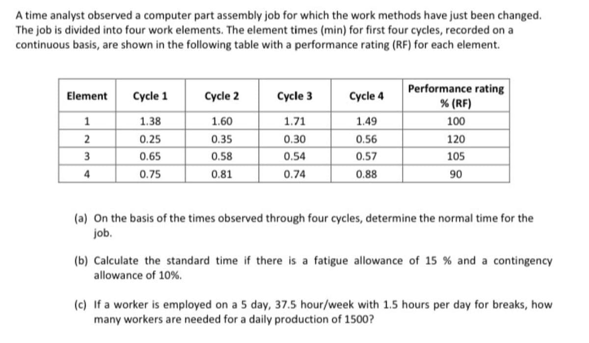 A time analyst observed a computer part assembly job for which the work methods have just been changed.
The job is divided into four work elements. The element times (min) for first four cycles, recorded on a
continuous basis, are shown in the following table with a performance rating (RF) for each element.
Performance rating
% (RF)
Element
Cycle 1
Cycle 2
Cycle 3
Cycle 4
1.38
1.60
1.71
1.49
100
2
0.25
0.35
0.30
0.56
120
3
0.65
0.58
0.54
0.57
105
4
0.75
0.81
0.74
0.88
90
(a) On the basis of the times observed through four cycles, determine the normal time for the
job.
(b) Calculate the standard time if there is a fatigue allowance of 15 % and a contingency
allowance of 10%.
(c) If a worker is employed on a 5 day, 37.5 hour/week with 1.5 hours per day for breaks, how
many workers are needed for a daily production of 1500?
