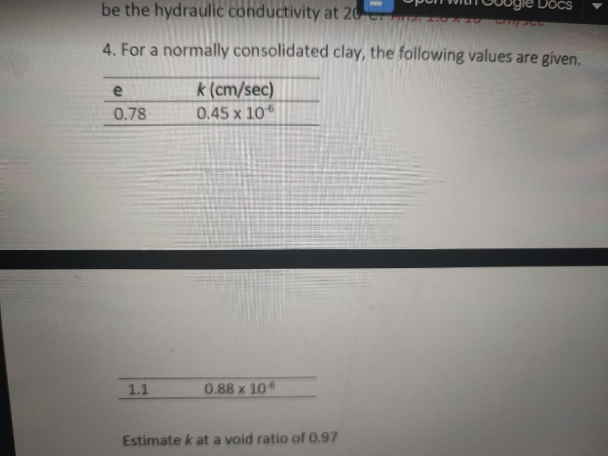 be the hydraulic conductivity at 20
Docs
A20 pe
4. For a normally consolidated clay, the following values are given.
k (cm/sec)
0.45 x 106
0.78
1.1
0.88 x 106
Estimate k at a void ratio of 0.97
