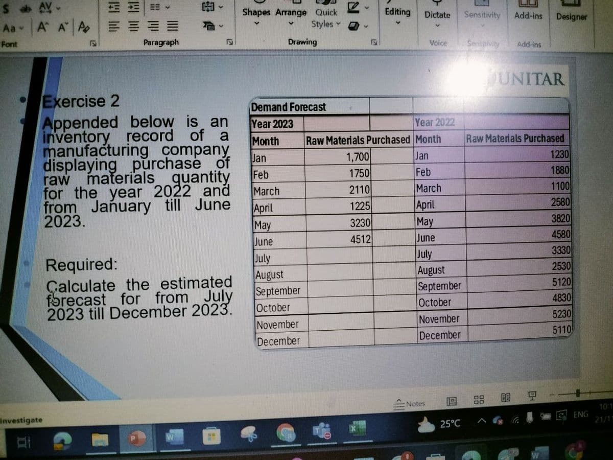 Sab AV
Aa
Font
A A A
T
Investigate
D
Paragraph
Exercise 2
Appended below is an
inventory record of a
manufacturing company
displaying purchase of
quantity
raw
materials
for the year 2022 and
from
2023.
FS
Required:
Calculate the estimated
forecast for from July
2023 till December 2023.
ww
Shapes Arrange Quick
V
Styles
Drawing
Feb
March
January till June April
May
June
July
August
September
October
Demand Forecast
Year 2023
Month
Jan
November
December
V
FS
Editing
y
1,700
1750
2110
1225
3230
4512
Dictate Sensitivity
V
Voice Sensitivity
Year 2022
Raw Materials Purchased Month
Jan
Feb
March
April
May
June
July
August
September
October
November
December
=Notes
25°C
gg
UU
Add-ins
Add-ins
60
Designer
UNITAR
Raw Materials Purchased
1230
1880
1100
2580
3820
4580
3330
2530
5120
4830
5230
5110
ENG
10:1
21/1