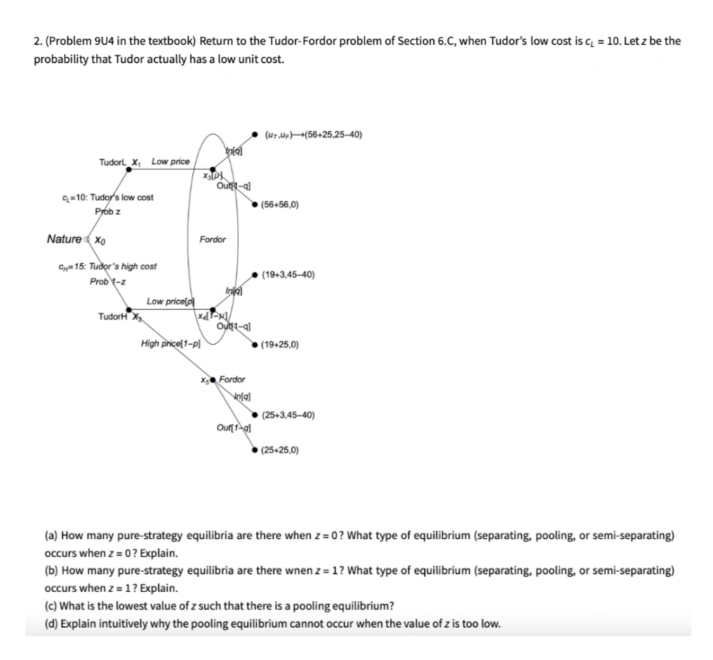 2. (Problem 9U4 in the textbook) Return to the Tudor-Fordor problem of Section 6.C, when Tudor's low cost is c = 10. Let z be the
probability that Tudor actually has a low unit cost.
(UT,UF)→(56+25,25-40)
Tudorl X Low price
Outfl-q)
C=10: Tudors low cost
► (56+56,0)
Prob z
Nature
Х
Fordor
Cy=15: Tudor's high cost
● (19+3,45–40)
Inial
Prob 1-z
Low price[p
TudorH X
Out1-q)
High price(1-p)
• (19+25,0)
X Fordor
(25+3,45-40)
Out[1-g)
(25+25,0)
(a) How many pure-strategy equilibria are there when z = 0? What type of equilibrium (separating, pooling, or semi-separating)
occurs when z = 0 ? Explain.
(b) How many pure-strategy equilibria are there wnen z = 1? What type of equilibrium (separating, pooling, or semi-separating)
occurs when z = 1? Explain.
(c) What is the lowest value of z such that there is a pooling equilibrium?
(d) Explain intuitively why the pooling equilibrium cannot occur when the value of z is too low.
