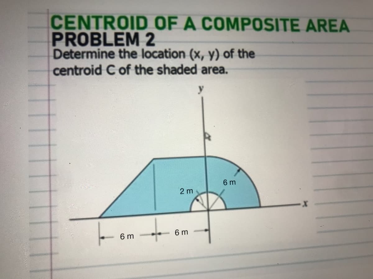 CENTROID OF A COMPOSITE AREA
PROBLEM 2
Determine the location (x, y) of the
centroid C of the shaded area.
6 m
2 m
6 m
6 m
