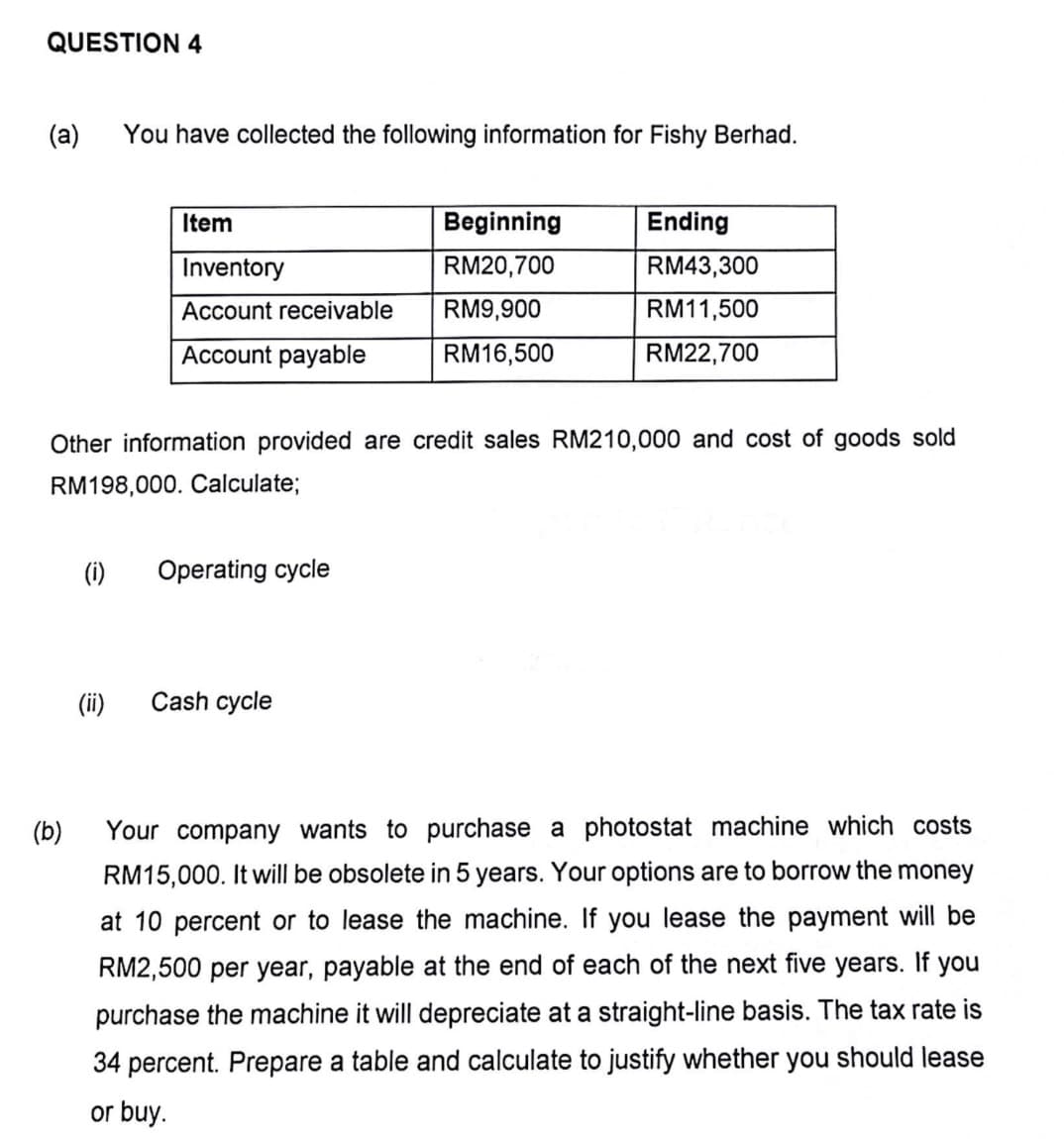 QUESTION 4
(a) You have collected the following information for Fishy Berhad.
(b)
(i)
Item
Inventory
Account receivable
Account payable
Other information provided are credit sales RM210,000 and cost of goods sold
RM198,000. Calculate;
(ii)
Operating cycle
Beginning
RM20,700
RM9,900
RM16,500
Cash cycle
Ending
RM43,300
RM11,500
RM22,700
Your company wants to purchase a photostat machine which costs
RM15,000. It will be obsolete in 5 years. Your options are to borrow the money
at 10 percent or to lease the machine. If you lease the payment will be
RM2,500 per year, payable at the end of each of the next five years. If you
purchase the machine it will depreciate at a straight-line basis. The tax rate is
34 percent. Prepare a table and calculate to justify whether you should lease
or buy.