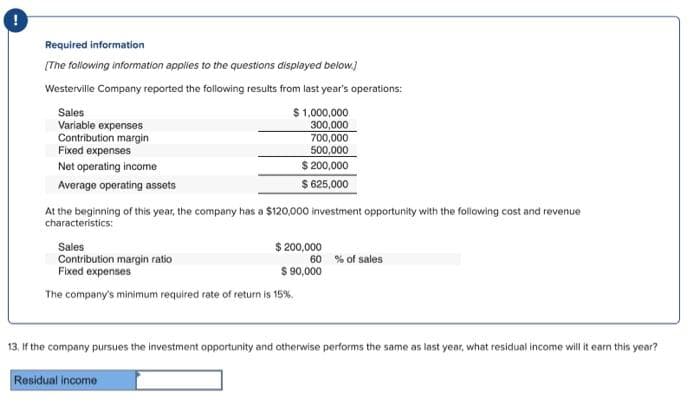 Required information
[The following information applies to the questions displayed below.]
Westerville Company reported the following results from last year's operations:
Sales
$ 1,000,000
300,000
Variable expenses
Contribution margin
Fixed expenses
700,000
500,000
Net operating income
$ 200,000
$625,000
Average operating assets
At the beginning of this year, the company has a $120,000 investment opportunity with the following cost and revenue
characteristics:
Sales
Contribution margin ratio
Fixed expenses
$ 200,000
$ 90,000
The company's minimum required rate of return is 15%.
Residual income
60% of sales
13. If the company pursues the investment opportunity and otherwise performs the same as last year, what residual income will it earn this year?