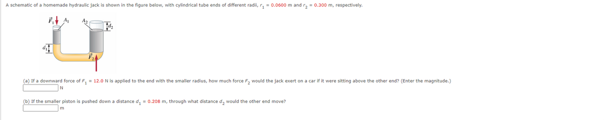 A schematic of a homemade hydraulic jack is shown in the figure below, with cylindrical tube ends of different radii, r, = 0.0600 m and r, = 0.300 m, respectively.
A2
(a) If a downward force of F, = 12.0 N is applied to the end with the smaller radius, how much force F, would the jack exert on a car if it were sitting above the other end? (Enter the magnitude.)
(b) If the smaller piston is pushed down a distance d, = 0.208 m, through what distance d, would the other end move?
m
