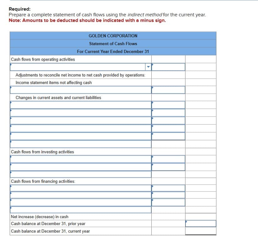 Required:
Prepare a complete statement of cash flows using the indirect method for the current year.
Note: Amounts to be deducted should be indicated with a minus sign.
Cash flows from operating activities
Adjustments to reconcile net income to net cash provided by operations:
Income statement items not affecting cash
GOLDEN CORPORATION
Statement of Cash Flows
For Current Year Ended December 31
Changes in current assets and current liabilities
Cash flows from investing activities
Cash flows from financing activities:
Net increase (decrease) in cash
Cash balance at December 31, prior year
Cash balance at December 31, current year