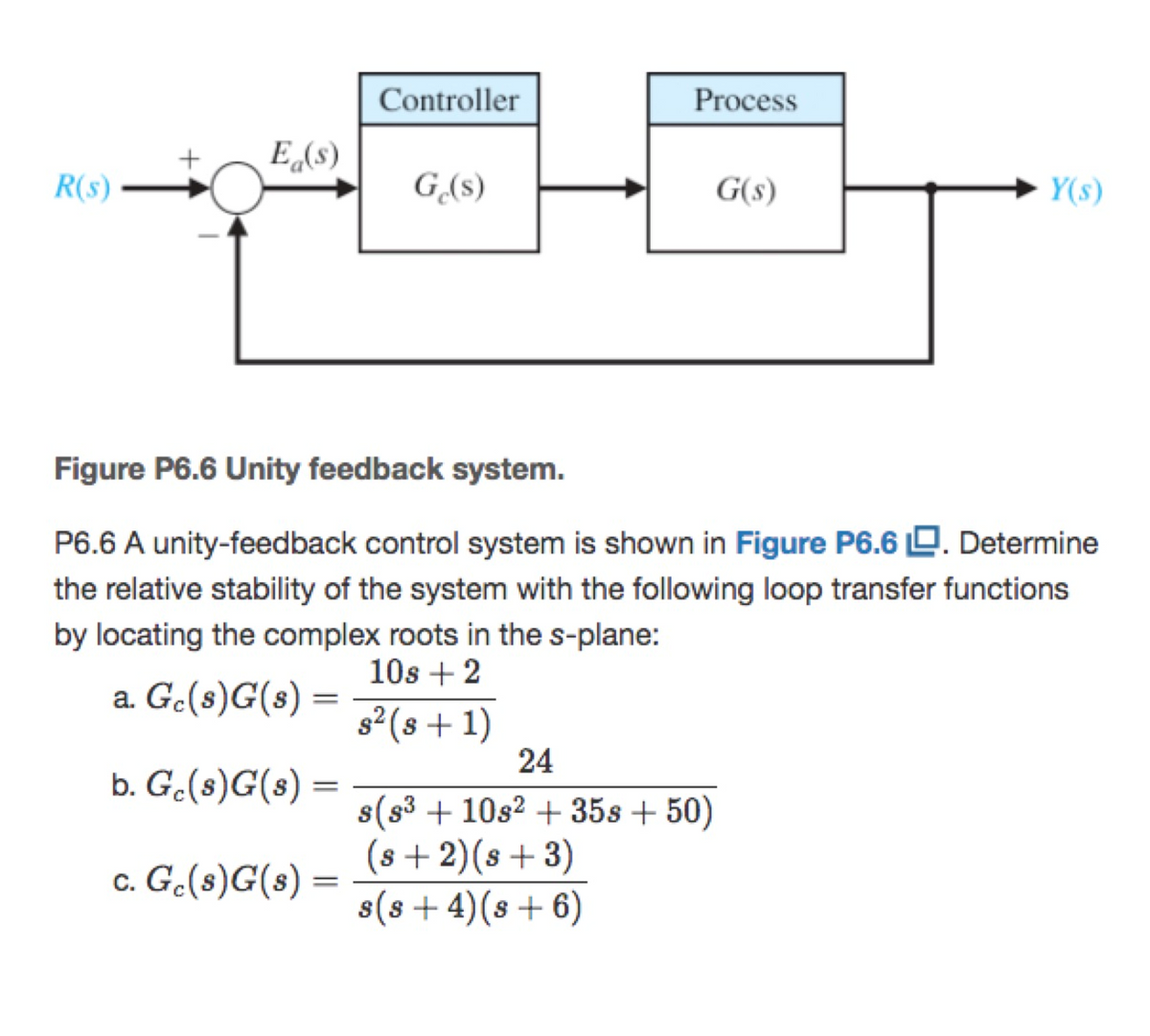 Controller
Process
E(s)
R(s)
G(s)
G(s)
Y(s)
Figure P6.6 Unity feedback system.
P6.6 A unity-feedback control system is shown in Figure P6.6 O. Determine
the relative stability of the system with the following loop transfer functions
by locating the complex roots in the s-plane:
10s + 2
a. Ge(s)G(s) =
||
s2 (s + 1)
24
b. G.(s)G(s)
s(s3 + 10s2 + 35s + 50)
(s + 2)(s+ 3)
s(s + 4)(s+ 6)
c. G.(8)G(s) =
||
