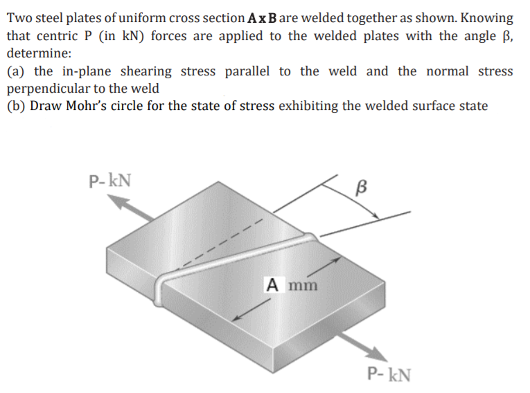 Two steel plates of uniform cross section A x B are welded together as shown. Knowing
that centric P (in kN) forces are applied to the welded plates with the angle B,
determine:
(a) the in-plane shearing stress parallel to the weld and the normal stress
perpendicular to the weld
(b) Draw Mohr's circle for the state of stress exhibiting the welded surface state
P- kN
B
A mm
P- kN
