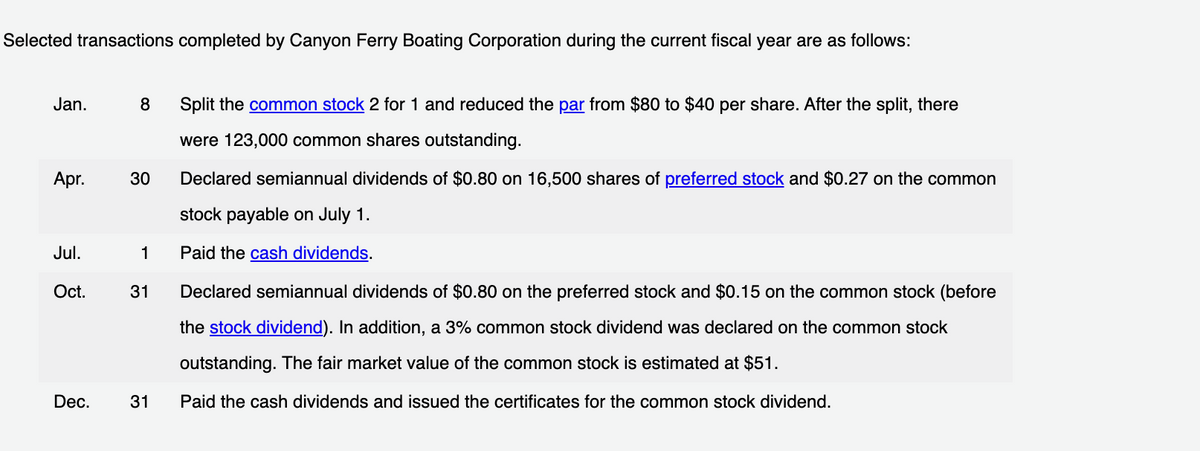 Selected transactions completed by Canyon Ferry Boating Corporation during the current fiscal year are as follows:
Jan.
8
Split the common stock 2 for 1 and reduced the par from $80 to $40 per share. After the split, there
were 123,000 common shares outstanding.
Apr.
30
Declared semiannual dividends of $0.80 on 16,500 shares of preferred stock and $0.27 on the common
stock payable on July 1.
Jul.
1
Paid the cash dividends.
Oct.
31
Declared semiannual dividends of $0.80 on the preferred stock and $0.15 on the common stock (before
the stock dividend). In addition, a 3% common stock dividend was declared on the common stock
outstanding. The fair market value of the common stock is estimated at $51.
Dec.
31
Paid the cash dividends and issued the certificates for the common stock dividend.

