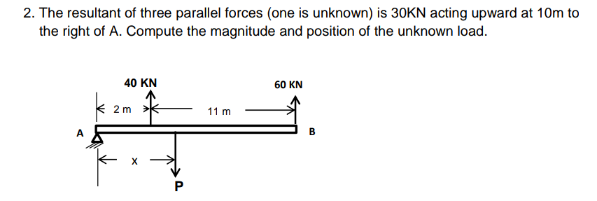 2. The resultant of three parallel forces (one is unknown) is 30KN acting upward at 10m to
the right of A. Compute the magnitude and position of the unknown load.
40 KN
60 KN
11 m
2 m
*
X
P
B