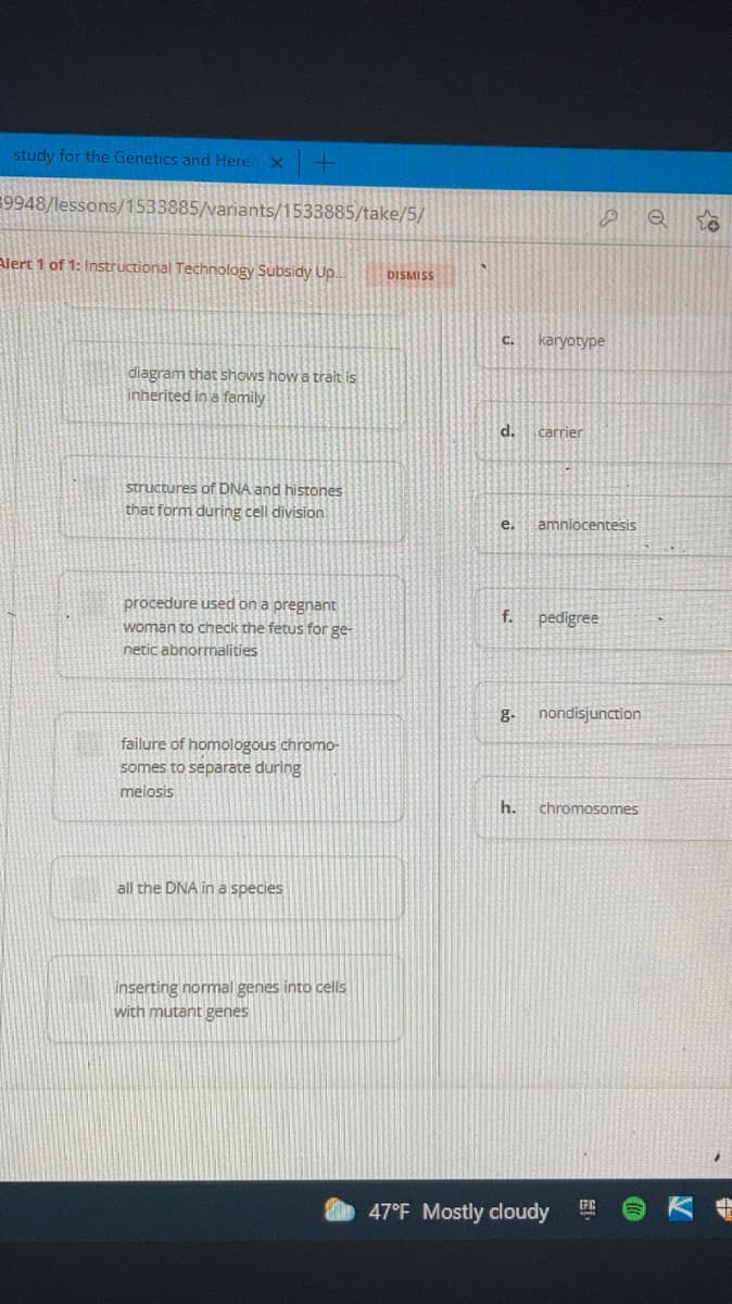 study for the Genetics and Here
9948/lessons/1533885/variants/1533885/take/5/
Alert 1 of 1: Instructional Technology Subsidy Up..
DISMISS
C.
karyotype
diagram that shows how a trait is
inherited in a family
d.
carrier
structures of DNA and histones
that form during cell division
e.
amniocentesis
procedure used on a pregnant
woman to check the fetus for ge
f.
pedigree
netic abnormalities
g-
nondisjunction
failure of homologous chromo-
somes to separate during
meiosis
h.
chromosomes
all the DNA in a species
inserting normal genes into cells
with mutant genes
47°F Mostly cloudy
