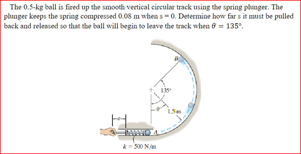 The 0.5-kg ball is fired up the smooth vertical circular track using the spring plunger. The
plunger keeps the spring compressed 0.08 m when s = 0. Determine how far s it must be pulled
back and released so that the ball will begin to leave the track when 0 = 135⁰.
F46841
k 500 N/m
135°
1.5 m