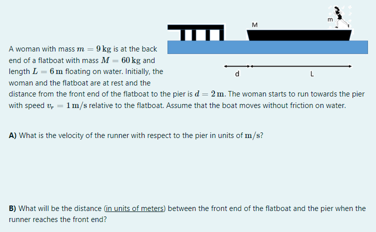 A woman with mass m = 9 kg is at the back
end of a flatboat with mass M = 60 kg and
length L = 6 m floating on water. Initially, the
d
L
woman and the flatboat are at rest and the
distance from the front end of the flatboat to the pier is d = 2 m. The woman starts to run towards the pier
with speed v, = 1m/s relative to the flatboat. Assume that the boat moves without friction on water.
A) What is the velocity of the runner with respect to the pier in units of m/s?
B) What will be the distance (in units of meters) between the front end of the flatboat and the pier when the
runner reaches the front end?
E
