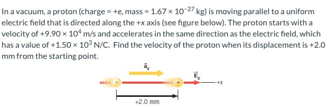 In a vacuum, a proton (charge = +e, mass = 1.67 x 10-27 kg) is moving parallel to a uniform
electric field that is directed along the +x axis (see figure below). The proton starts with a
velocity of +9.90 × 104 m/s and accelerates in the same direction as the electric field, which
has a value of +1.50 × 10³ N/C. Find the velocity of the proton when its displacement is +2.0
mm from the starting point.
ā
+2.0 mm
+X