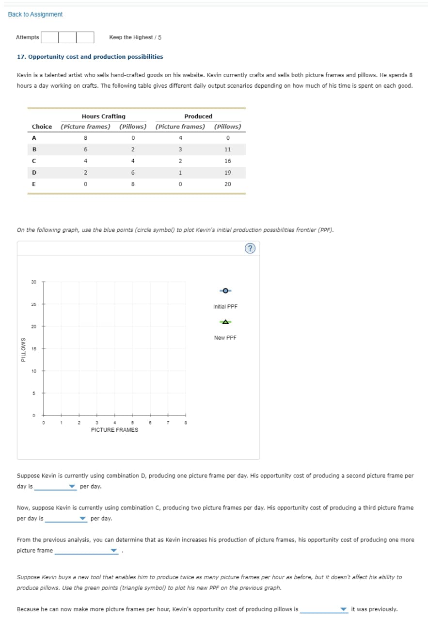 Back to Assignment
Attempts
Keep the Highest/5
17. Opportunity cost and production possibilities
Kevin is a talented artist who sells hand-crafted goods on his website. Kevin currently crafts and sells both picture frames and pillows. He spends 8
hours a day working on crafts. The following table gives different daily output scenarios depending on how much of his time is spent on each good.
Hours Crafting
Produced
Choice
(Picture frames) (Pillows) (Picture frames) (Pillows)
A
8
0
0
B
2
3
11
C
4
2
16
D
2
6
1
19
E
0
8
0
20
On the following graph, use the blue points (circle symbol) to plot Kevin's initial production possibilities frontier (PPF).
PILLOWS
30
25
20
15
10
5
0
1
2
3
4
5
PICTURE FRAMES
8
7
Initial PPF
New PPF
Suppose Kevin is currently using combination D, producing one picture frame per day. His opportunity cost of producing a second picture frame per
day is
per day.
Now, suppose Kevin is currently using combination C, producing two picture frames per day. His opportunity cost of producing a third picture frame
per day is
per day.
From the previous analysis, you can determine that as Kevin increases his production of picture frames, his opportunity cost of producing one more
picture frame
Suppose Kevin buys a new tool that enables him to produce twice as many picture frames per hour as before, but it doesn't affect his ability to
produce pillows. Use the green points (triangle symbol) to plot his new PPF on the previous graph.
Because he can now make more picture frames per hour, Kevin's opportunity cost of producing pillows is
it was previously.
