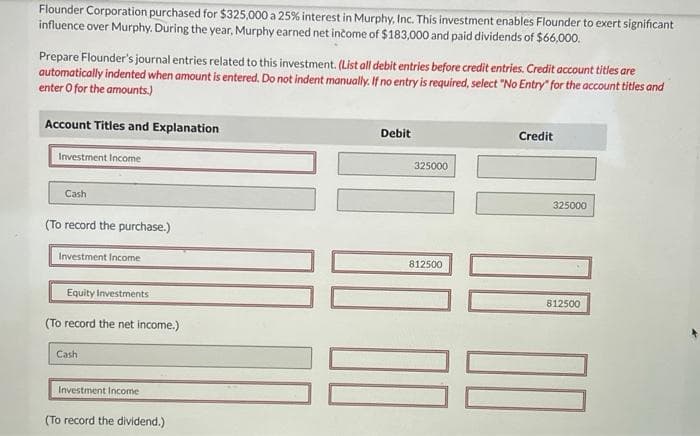 Flounder Corporation purchased for $325,000 a 25% interest in Murphy, Inc. This investment enables Flounder to exert significant
influence over Murphy. During the year, Murphy earned net income of $183,000 and paid dividends of $66,000.
Prepare Flounder's journal entries related to this investment. (List all debit entries before credit entries. Credit account titles are
automatically indented when amount is entered. Do not indent manually. If no entry is required, select "No Entry" for the account titles and
enter o for the amounts.)
Account Titles and Explanation
Investment Income
Cash
(To record the purchase.)
Investment Income
Equity Investments
(To record the net income.)
Cash
Investment Income
(To record the dividend.)
Debit
325000
812500
Credit
100 00
325000
812500