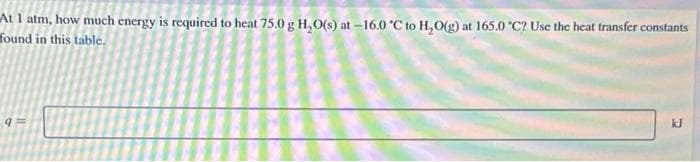 At 1 atm, how much energy is required to heat 75.0 g H₂O(s) at -16.0 °C to H₂O(g) at 165.0 °C? Use the heat transfer constants
found in this table.
q=
kJ