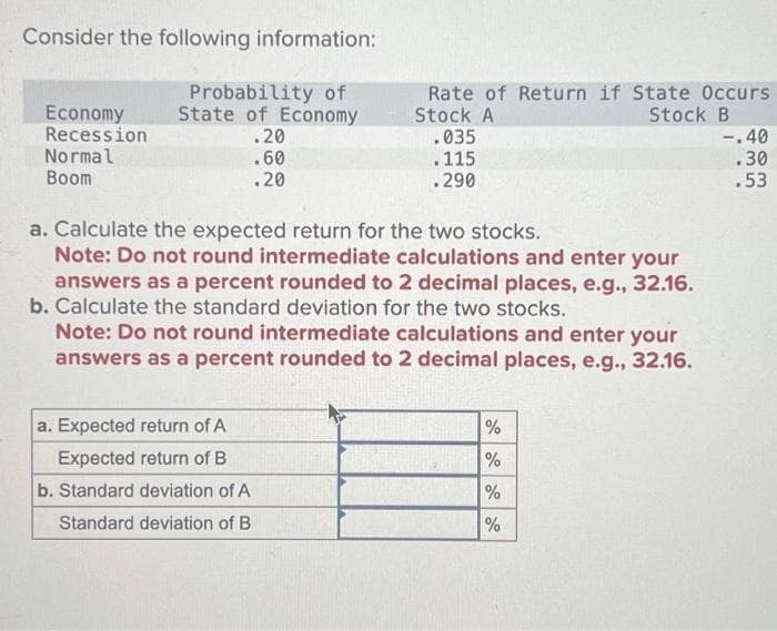 Consider the following information:
Probability of
State of Economy
.20
.60
.20
Economy
Recession
Normal
Boom
Rate of Return if State Occurs
Stock A
Stock B
.035
.115
.290
a. Calculate the expected return for the two stocks.
Note: Do not round intermediate calculations and enter your
answers as a percent rounded to 2 decimal places, e.g., 32.16.
b. Calculate the standard deviation for the two stocks.
Note: Do not round intermediate calculations and enter your
answers as a percent rounded to 2 decimal places, e.g., 32.16.
a. Expected return of A
Expected return of B
b. Standard deviation of A
Standard deviation of B
do do do do
%
%
%
%
-.40
.30
.53