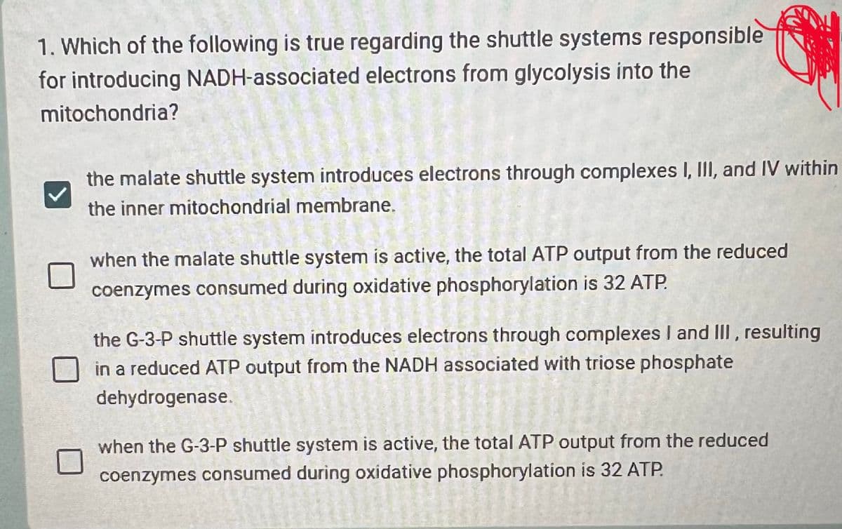 1. Which of the following is true regarding the shuttle systems responsible
for introducing NADH-associated electrons from glycolysis into the
mitochondria?
the malate shuttle system introduces electrons through complexes I, III, and IV within
the inner mitochondrial membrane.
when the malate shuttle system is active, the total ATP output from the reduced
coenzymes consumed during oxidative phosphorylation is 32 ATP.
the G-3-P shuttle system introduces electrons through complexes I and III, resulting
in a reduced ATP output from the NADH associated with triose phosphate
dehydrogenase.
when the G-3-P shuttle system is active, the total ATP output from the reduced
coenzymes consumed during oxidative phosphorylation is 32 ATP.