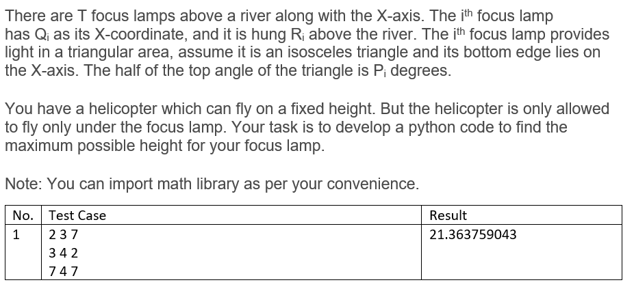 There are T focus lamps above a river along with the X-axis. The ith focus lamp
has Qj as its X-coordinate, and it is hung Rj above the river. The ith focus lamp provides
light in a triangular area, assume it is an isosceles triangle and its bottom edge lies on
the X-axis. The half of the top angle of the triangle is P; degrees.
You have a helicopter which can fly on a fixed height. But the helicopter is only allowed
to fly only under the focus lamp. Your task is to develop a python code to find the
maximum possible height for your focus lamp.
Note: You can import math library as per your convenience.
No. Test Case
Result
1
237
21.363759043
34 2
747
