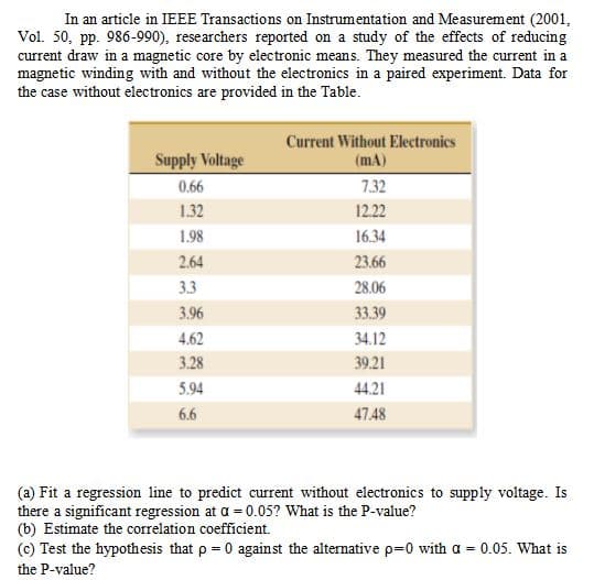 In an article in IEEE Transactions on Instrumentation and Measurement (2001,
Vol. 50, pp. 986-990), researchers reported on a study of the effects of reducing
current draw in a magnetic core by electronic means. They measured the current in a
magnetic winding with and without the electronics in a paired experiment. Data for
the case without electronics are provided in the Table.
Current Without Electronics
(mA)
Supply Voltage
0.66
7.32
1.32
12.22
1.98
16.34
2.64
23.66
3.3
28.06
3.96
33.39
4.62
34.12
3.28
39.21
5.94
44.21
6.6
47.48
(a) Fit a regression line to predict current without electronics to supply voltage. Is
there a significant regression at a = 0.05? What is the P-value?
(b) Estimate the correlation coefficient.
(c) Test the hypothesis that p = 0 against the alternative p=0 with a = 0.05. What is
the P-value?